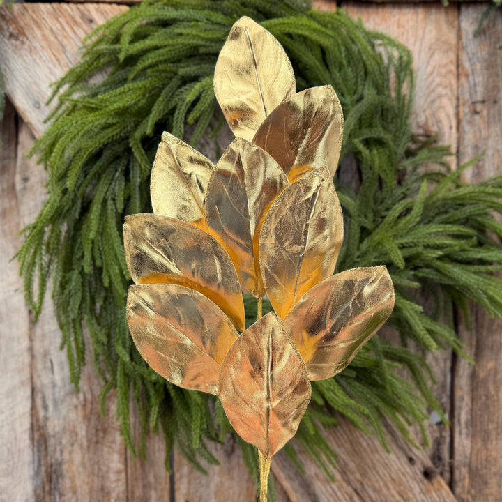 30" Gold Metallic Magnolia Leaf Spray