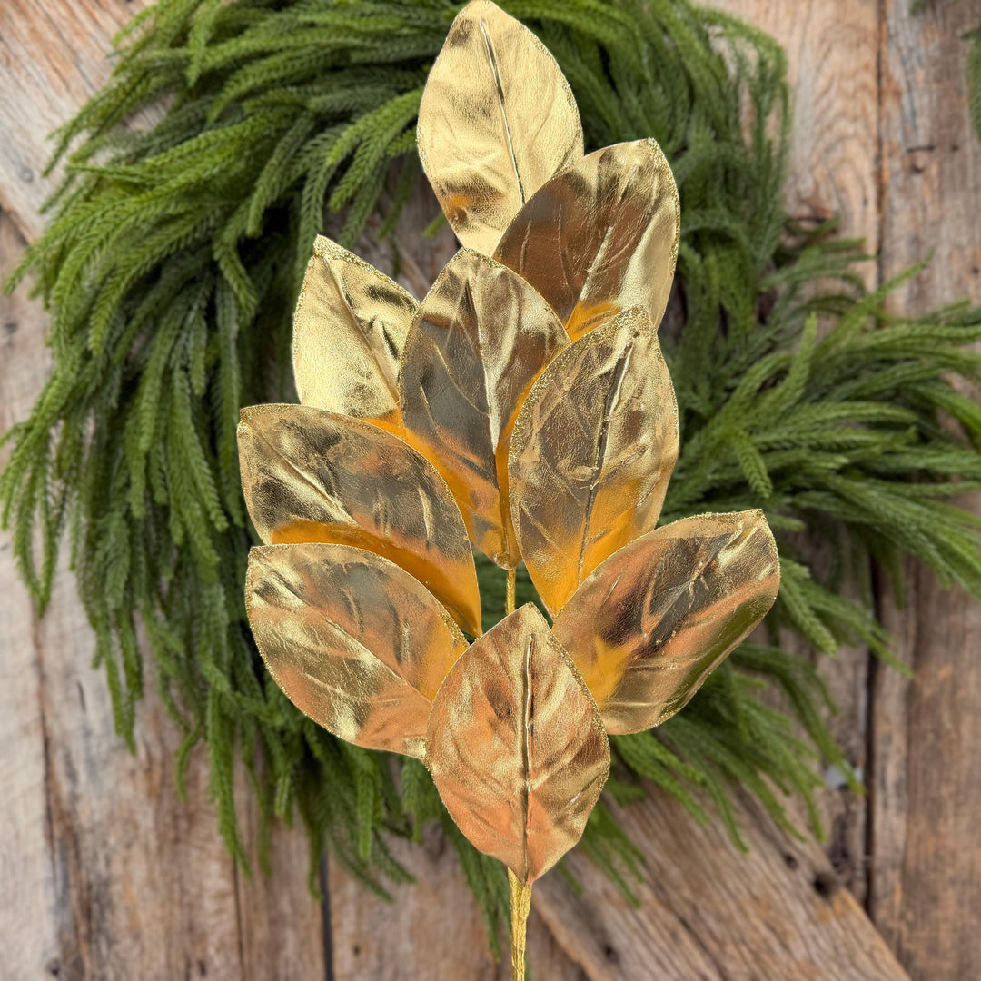 30" Gold Metallic Magnolia Leaf Spray
