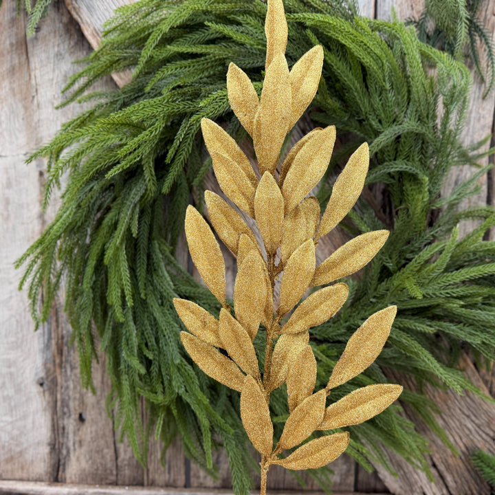 27" Gold Glitter Laurel Leaf Spray – Christmas Tree Floral Greenery