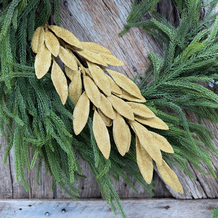 27" Gold Glitter Laurel Leaf Spray – Christmas Tree Floral Greenery
