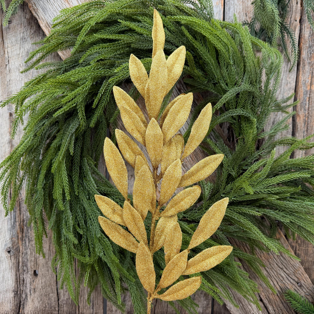 27" Gold Glitter Laurel Leaf Spray – Christmas Tree Floral Greenery