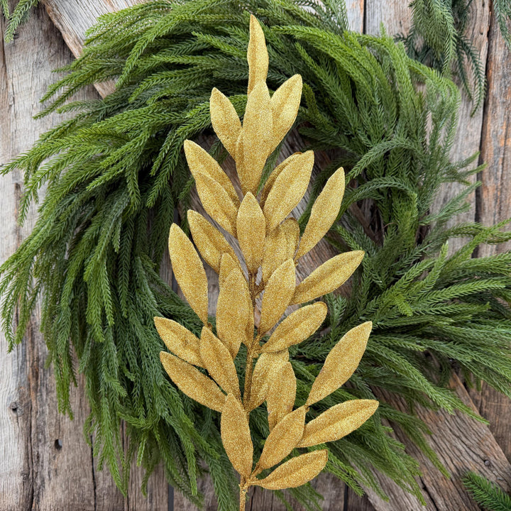 27" Gold Glitter Laurel Leaf Spray – Christmas Tree Floral Greenery
