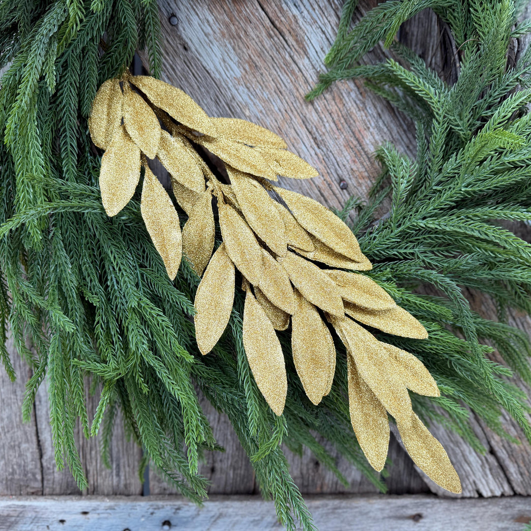 27" Gold Glitter Laurel Leaf Spray – Christmas Tree Floral Greenery