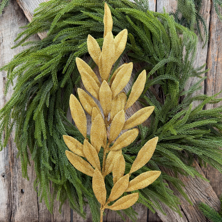 27" Gold Glitter Laurel Leaf Spray – Christmas Tree Floral Greenery