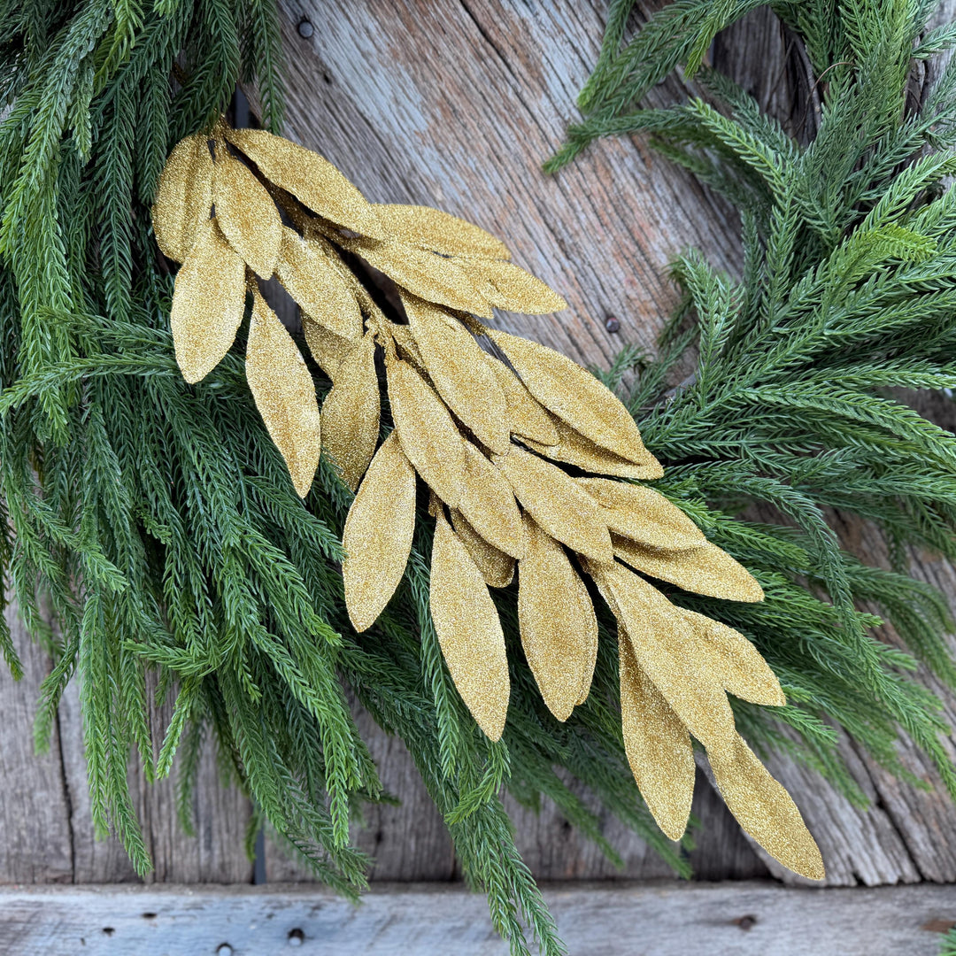 27" Gold Glitter Laurel Leaf Spray – Christmas Tree Floral Greenery