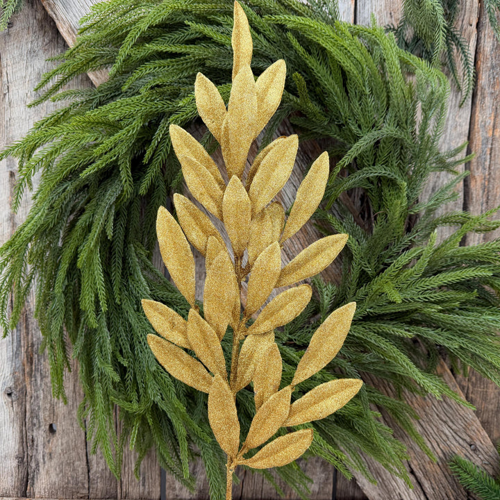 27" Gold Glitter Laurel Leaf Spray – Christmas Tree Floral Greenery