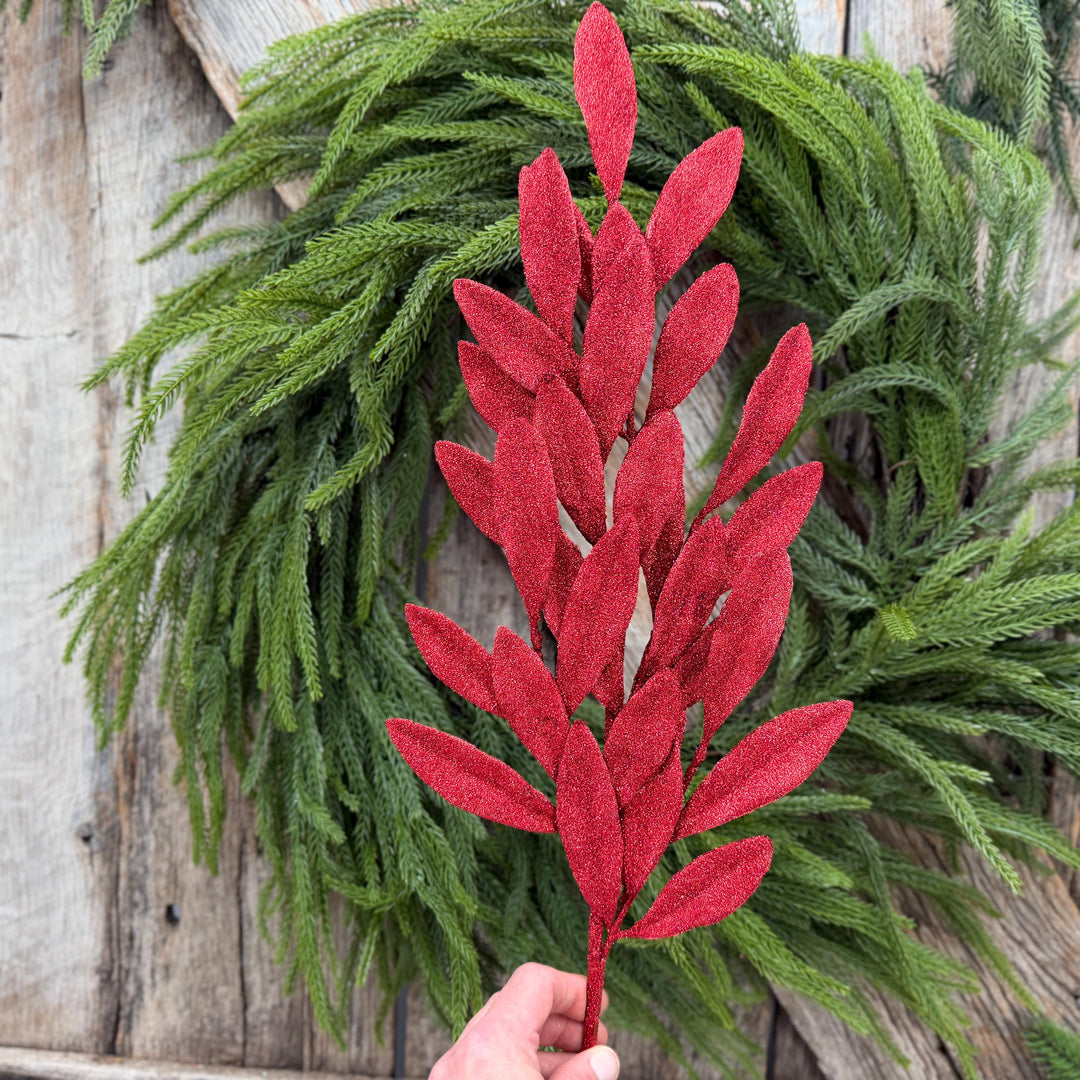 27" Red Glitter Laurel Leaf Spray – Christmas Tree Greenery