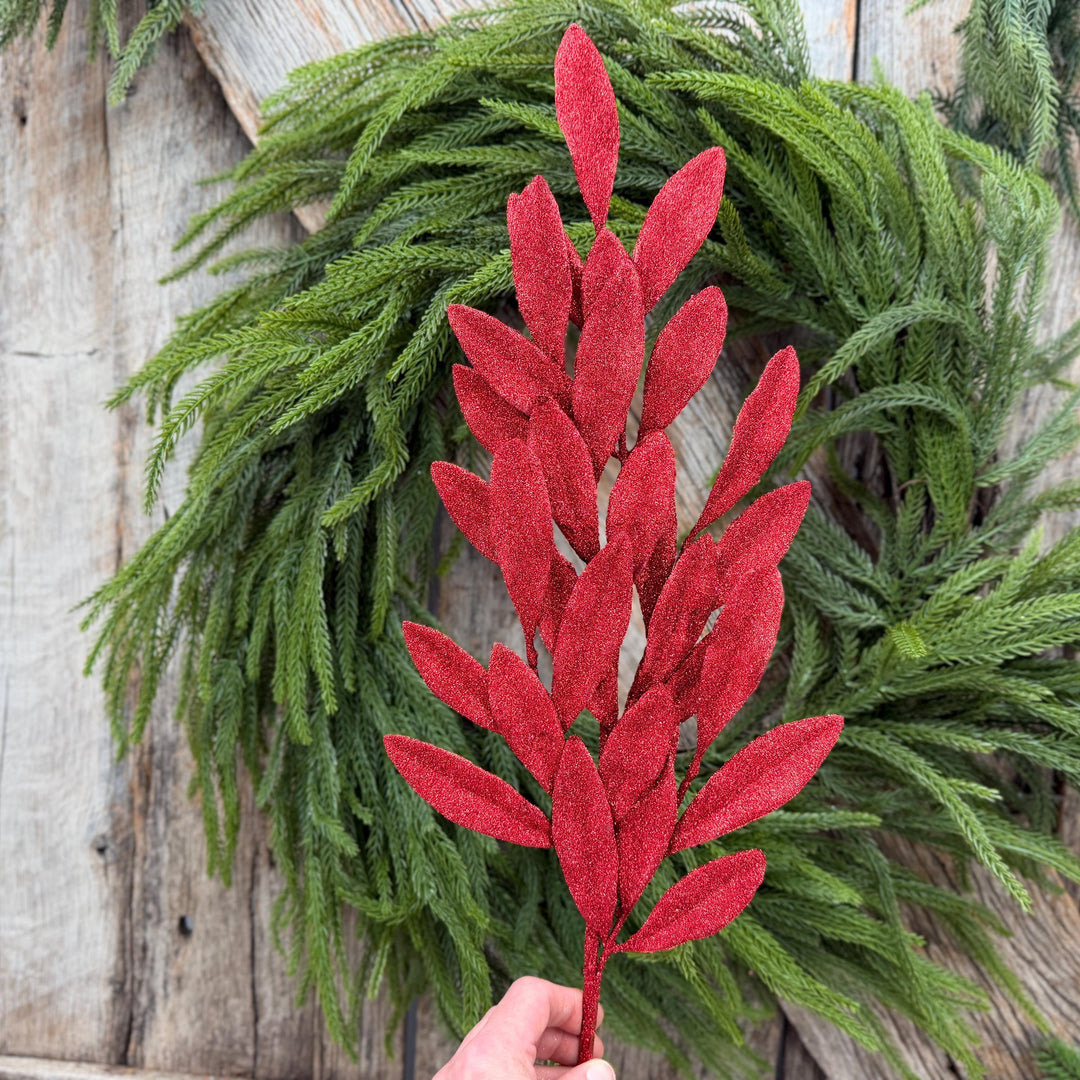 27" Red Glitter Laurel Leaf Spray – Christmas Tree Greenery