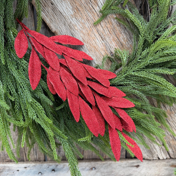 27" Red Glitter Laurel Leaf Spray – Christmas Tree Greenery