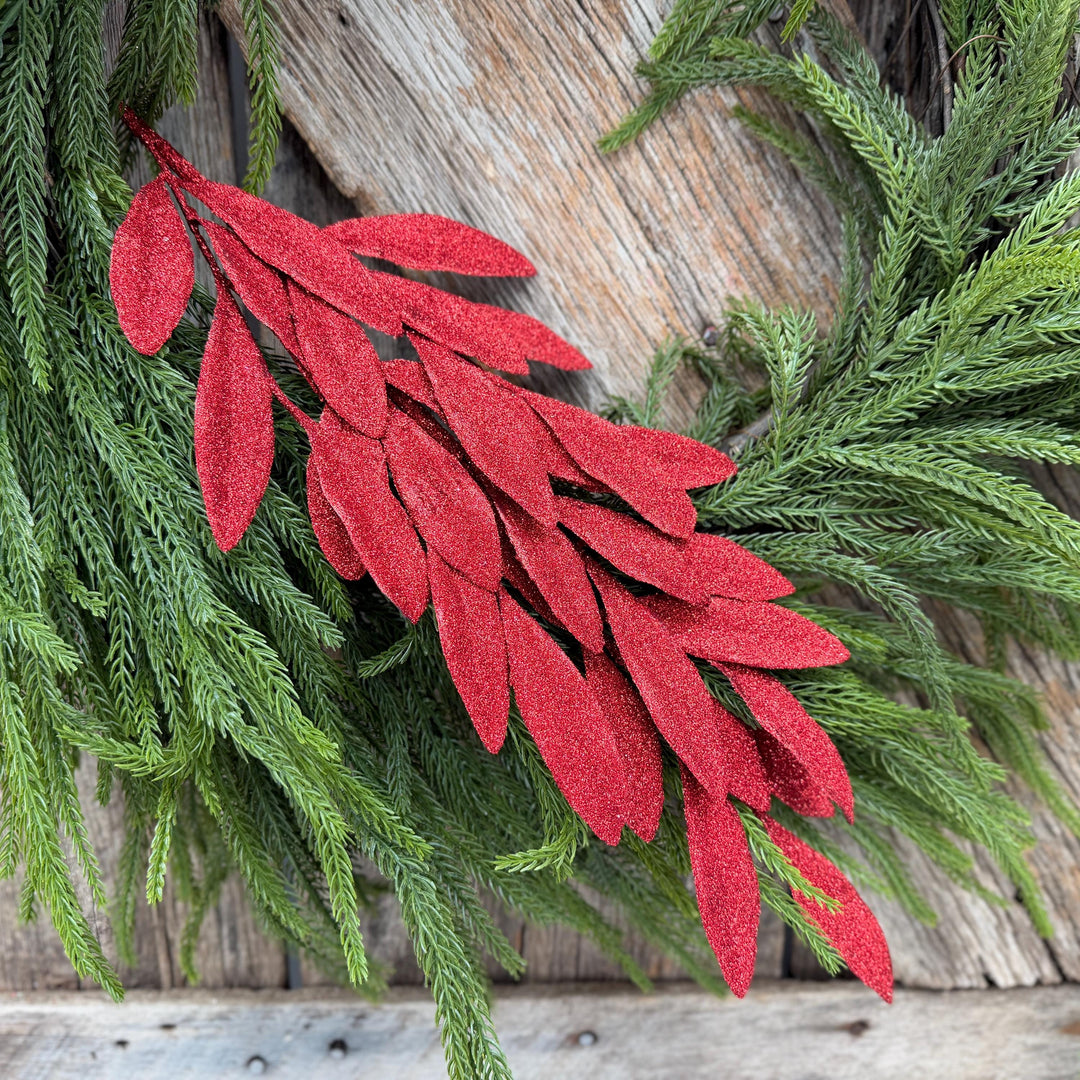 27" Red Glitter Laurel Leaf Spray – Christmas Tree Greenery