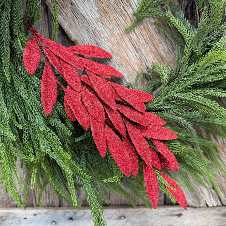 27" Red Glitter Laurel Leaf Spray – Christmas Tree Greenery