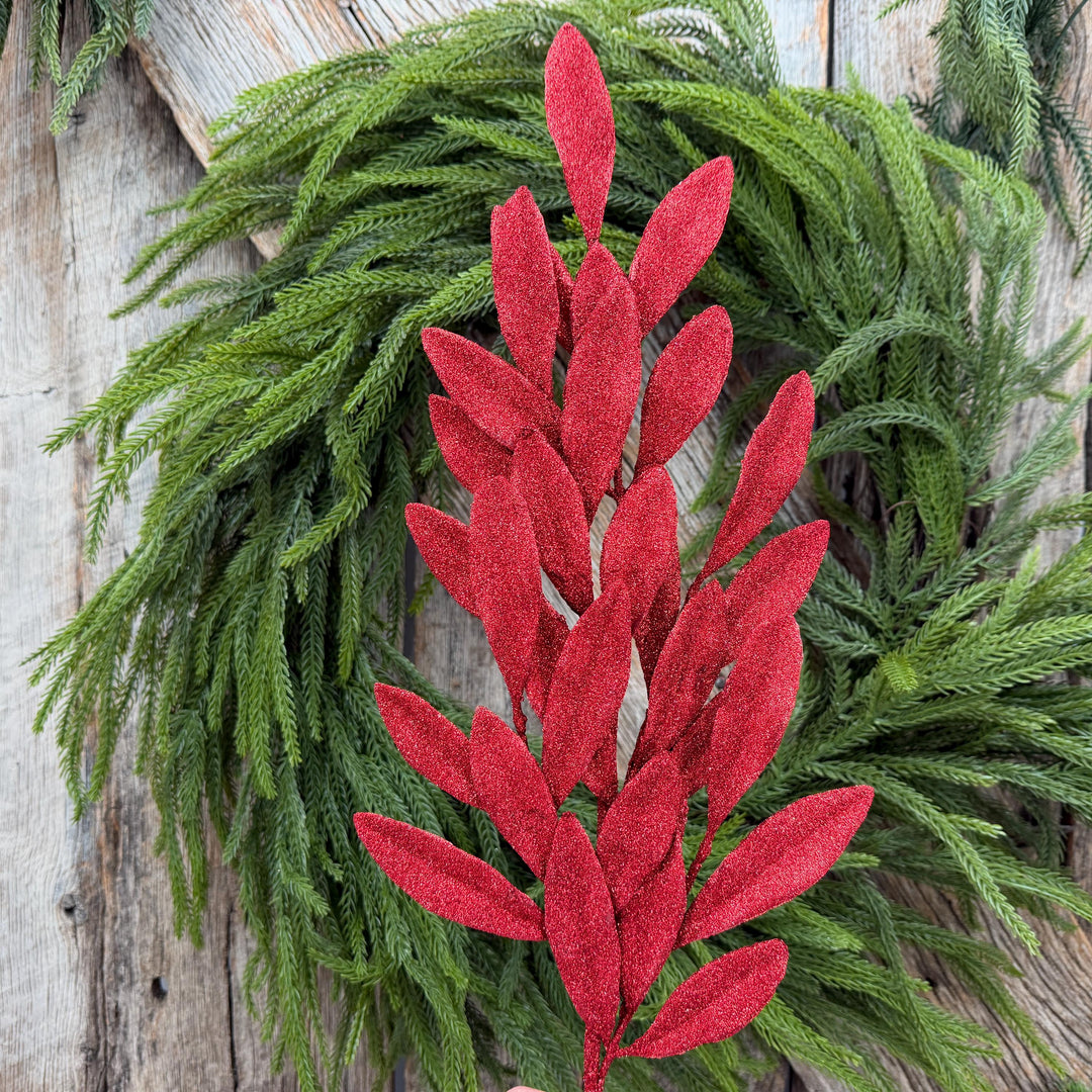 27" Red Glitter Laurel Leaf Spray – Christmas Tree Greenery