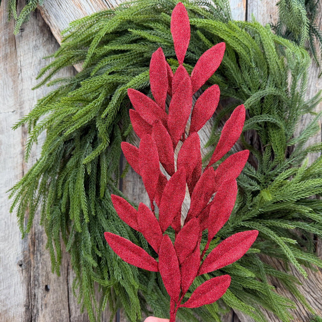27" Red Glitter Laurel Leaf Spray – Christmas Tree Greenery