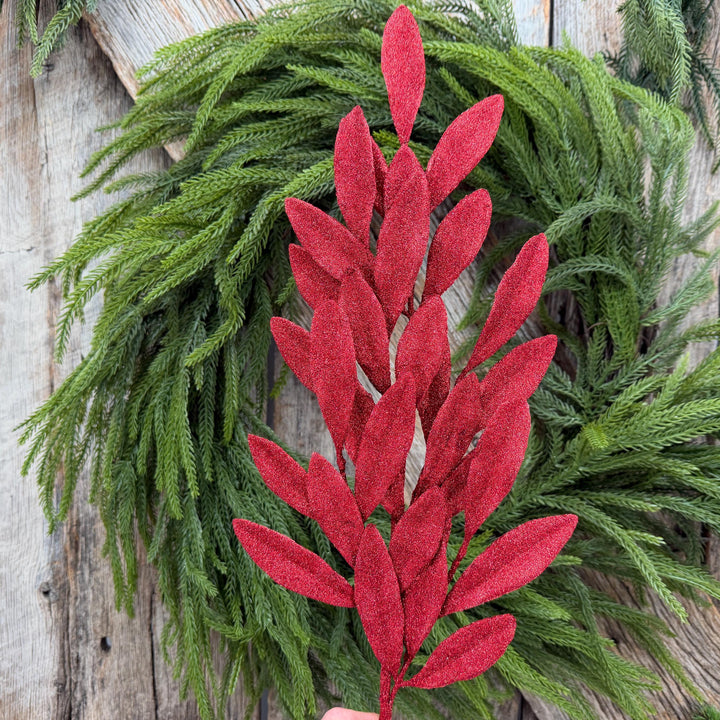27" Red Glitter Laurel Leaf Spray – Christmas Tree Greenery