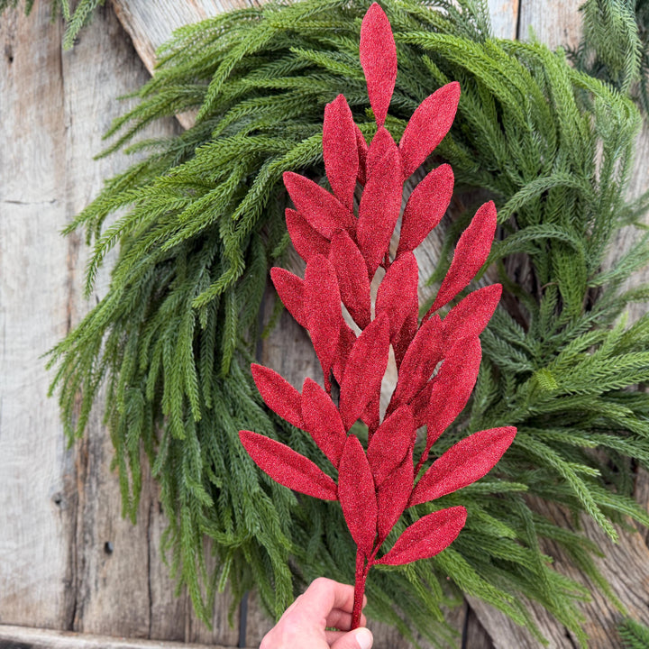 27" Red Glitter Laurel Leaf Spray – Christmas Tree Greenery