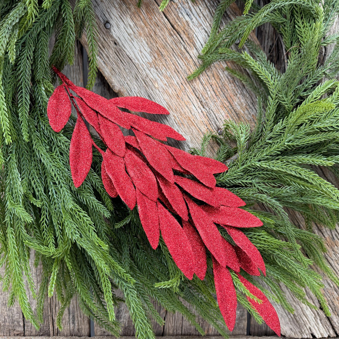 27" Red Glitter Laurel Leaf Spray – Christmas Tree Greenery