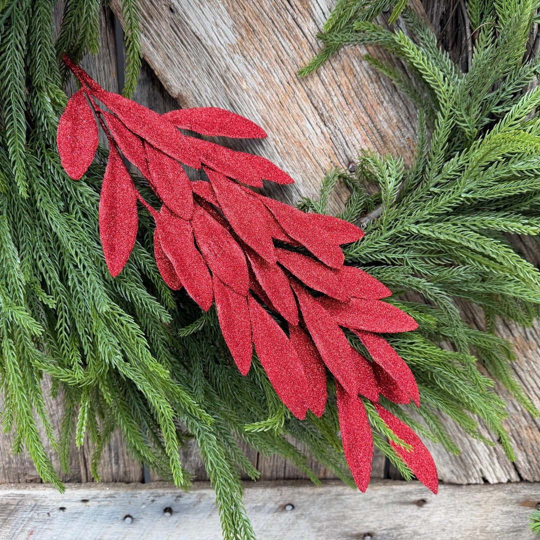 27" Red Glitter Laurel Leaf Spray – Christmas Tree Greenery