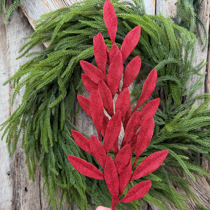 27" Red Glitter Laurel Leaf Spray – Christmas Tree Greenery