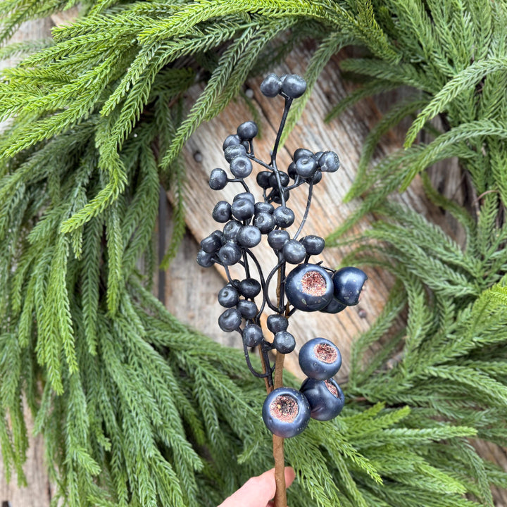 16" Dark Blue Berry Pick – Rustic Blueberry Christmas Floral Stem