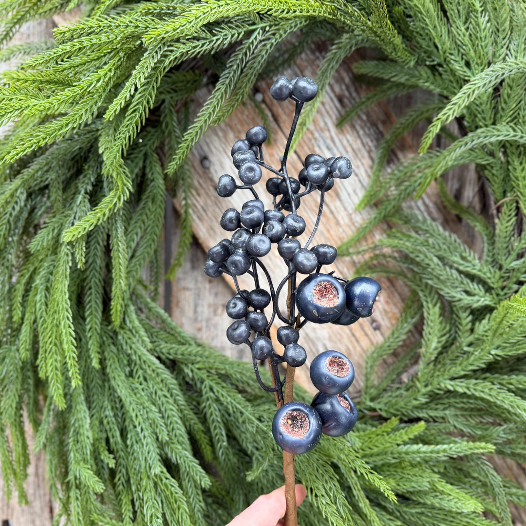 16" Dark Blue Berry Pick – Rustic Blueberry Christmas Floral Stem