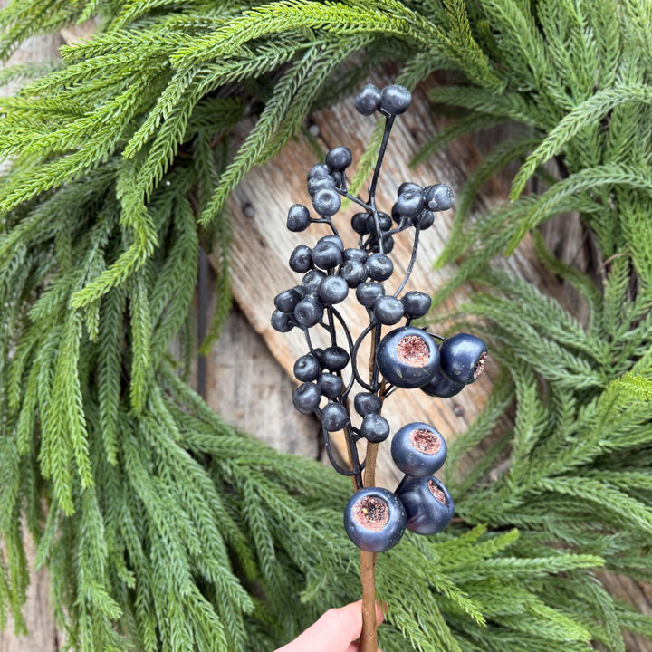 16" Dark Blue Berry Pick – Rustic Blueberry Christmas Floral Stem