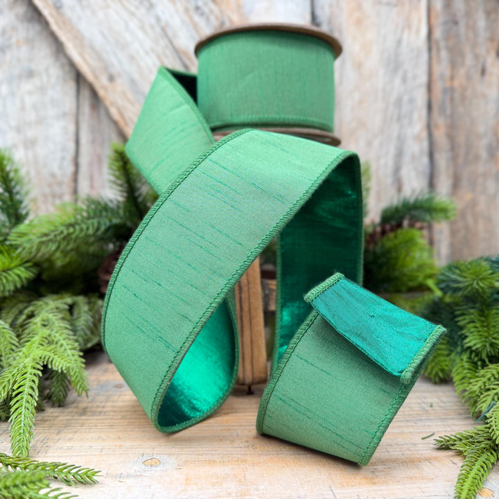 2.5" Christmas Green Dupioni Wired Ribbon with Metallic Backing – 10 Yards