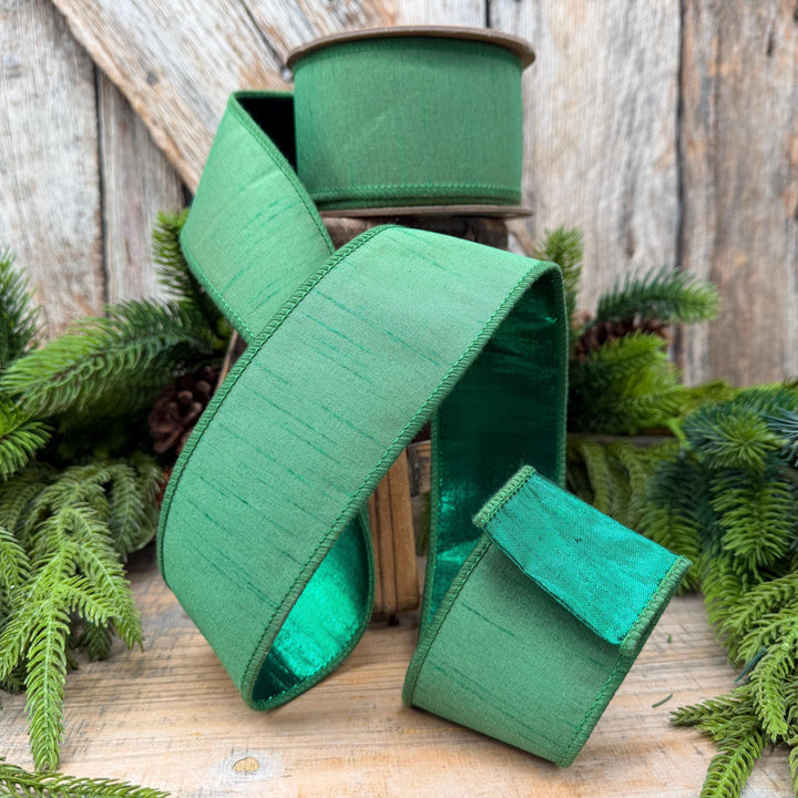 2.5" Christmas Green Dupioni Wired Ribbon with Metallic Backing – 10 Yards