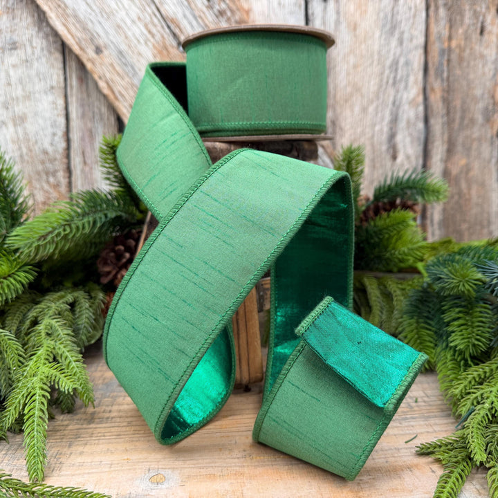 2.5" Christmas Green Dupioni Wired Ribbon with Metallic Backing – 10 Yards