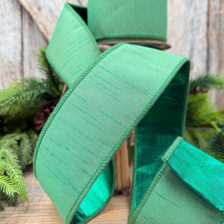 2.5" Christmas Green Dupioni Wired Ribbon with Metallic Backing – 10 Yards