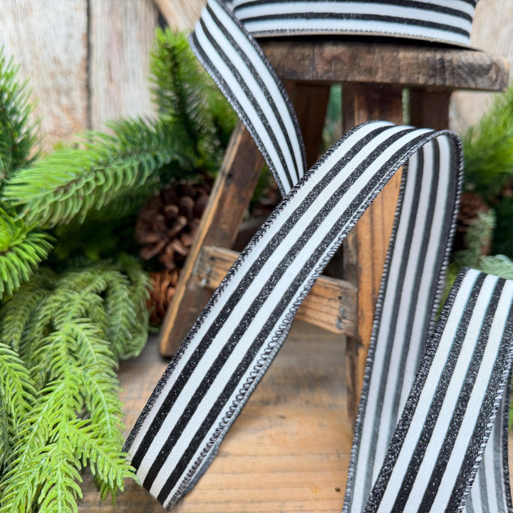 1" Black and White Mini Glitter Stripes Wired Ribbon by Farrisilk