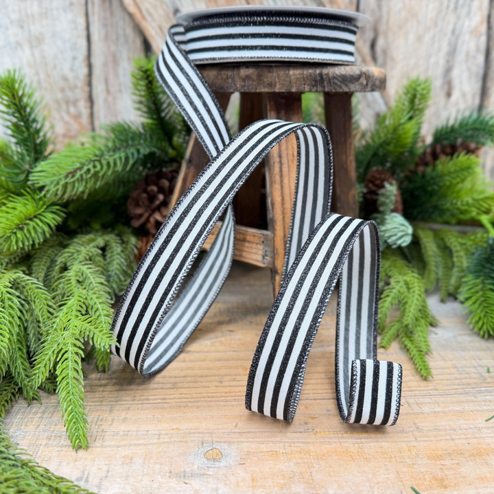1" Black and White Mini Glitter Stripes Wired Ribbon by Farrisilk