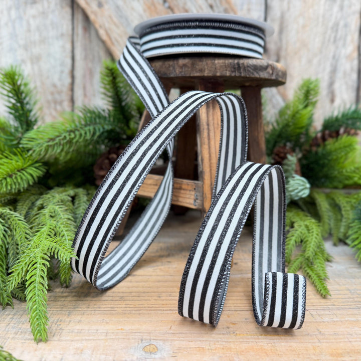 1" Black and White Mini Glitter Stripes Wired Ribbon by Farrisilk