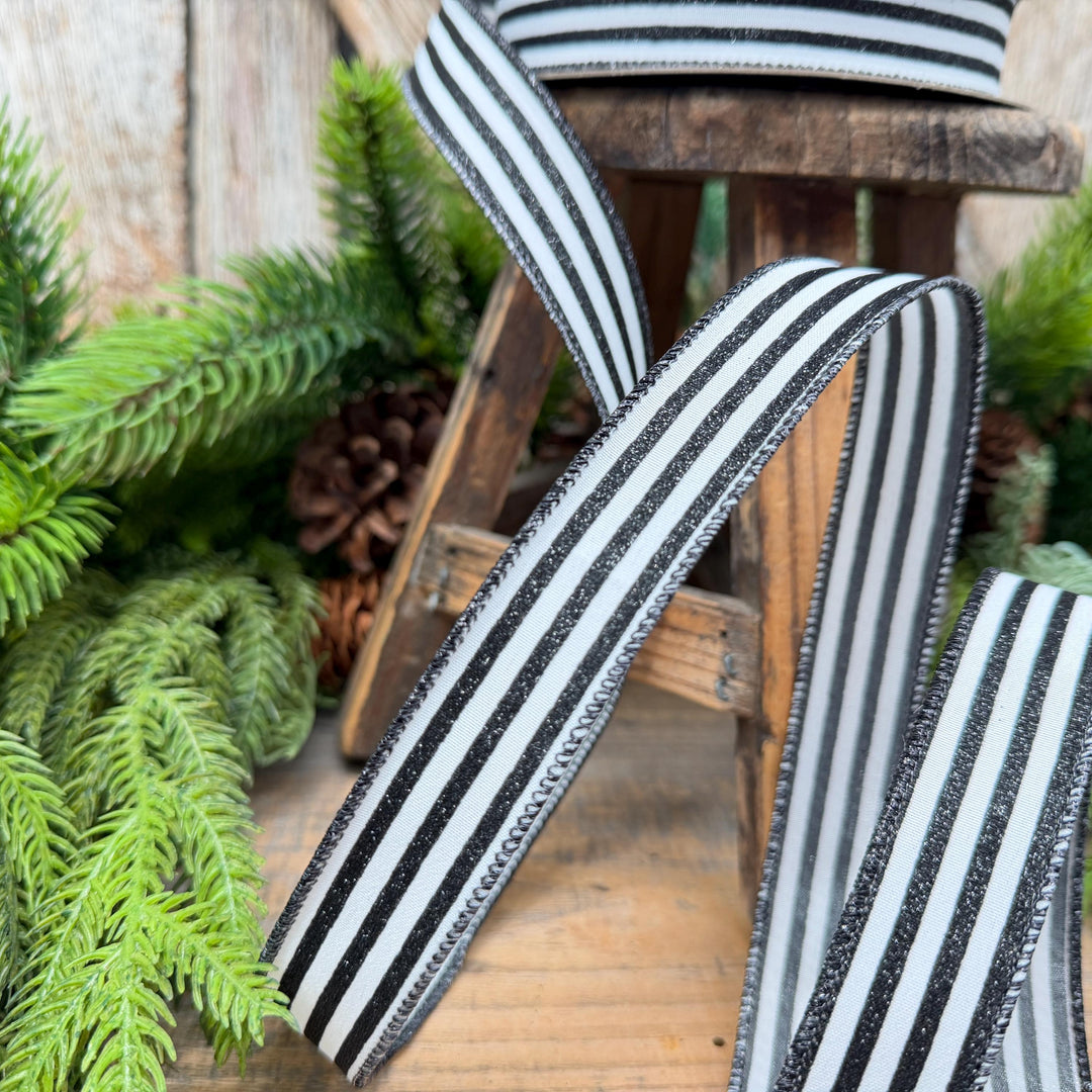 1" Black and White Mini Glitter Stripes Wired Ribbon by Farrisilk