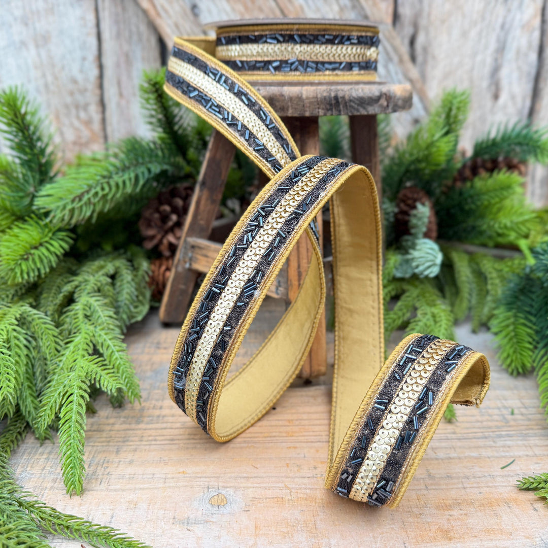 1.25" Luxor Black and Gold Beaded Sequin Ribbon by Farrisilk