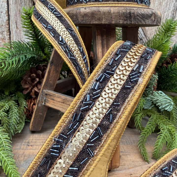 1.25" Luxor Black and Gold Beaded Sequin Ribbon by Farrisilk