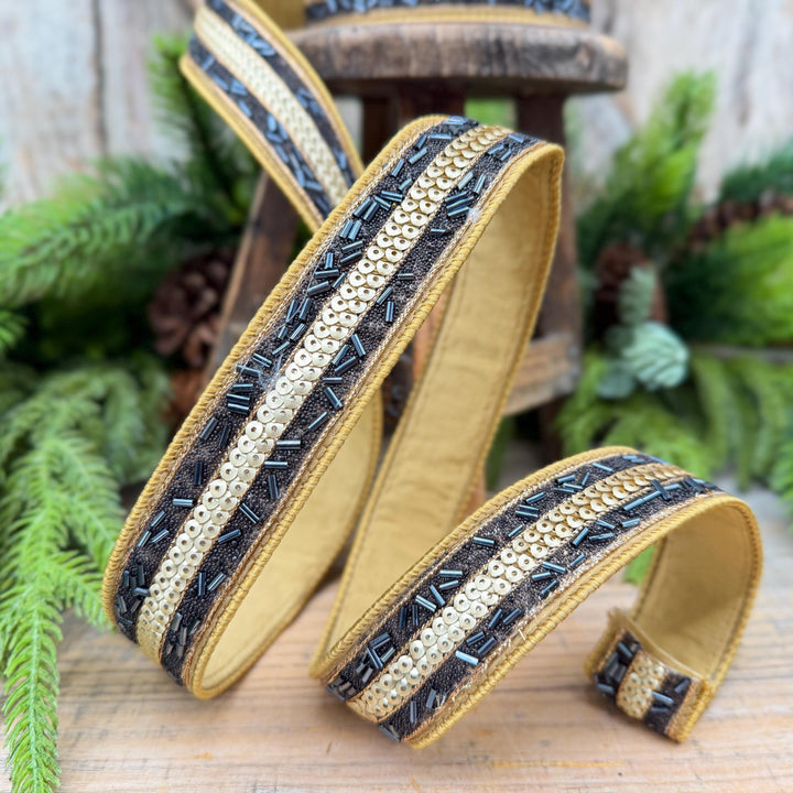 1.25" Luxor Black and Gold Beaded Sequin Ribbon by Farrisilk
