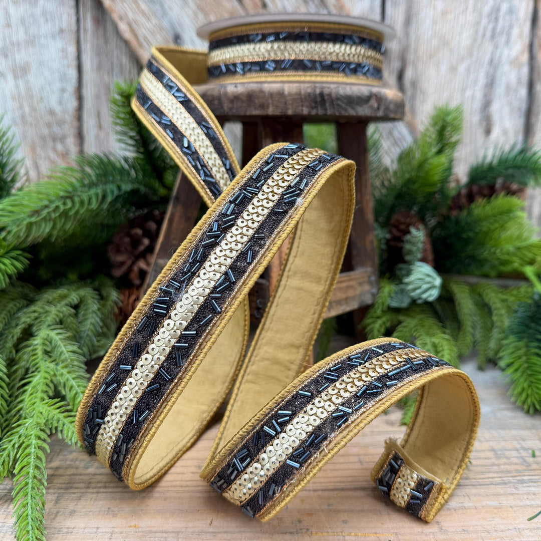 1.25" Luxor Black and Gold Beaded Sequin Ribbon by Farrisilk
