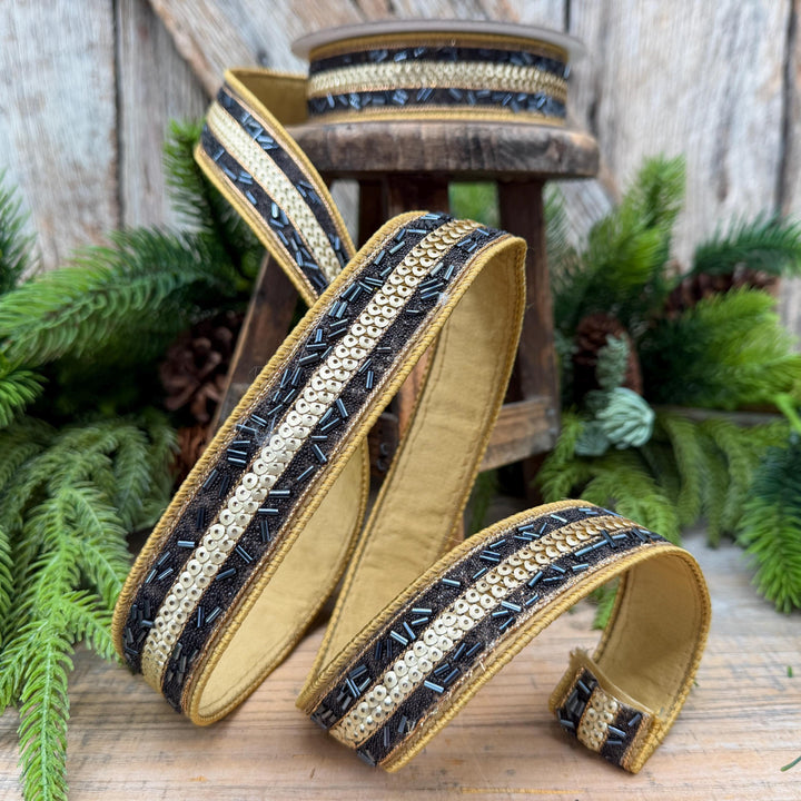 1.25" Luxor Black and Gold Beaded Sequin Ribbon by Farrisilk