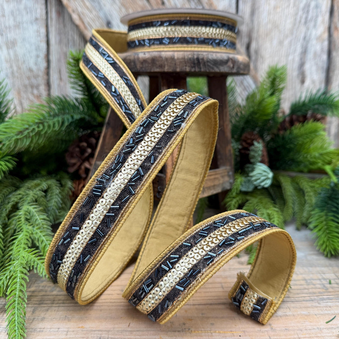 1.25" Luxor Black and Gold Beaded Sequin Ribbon by Farrisilk