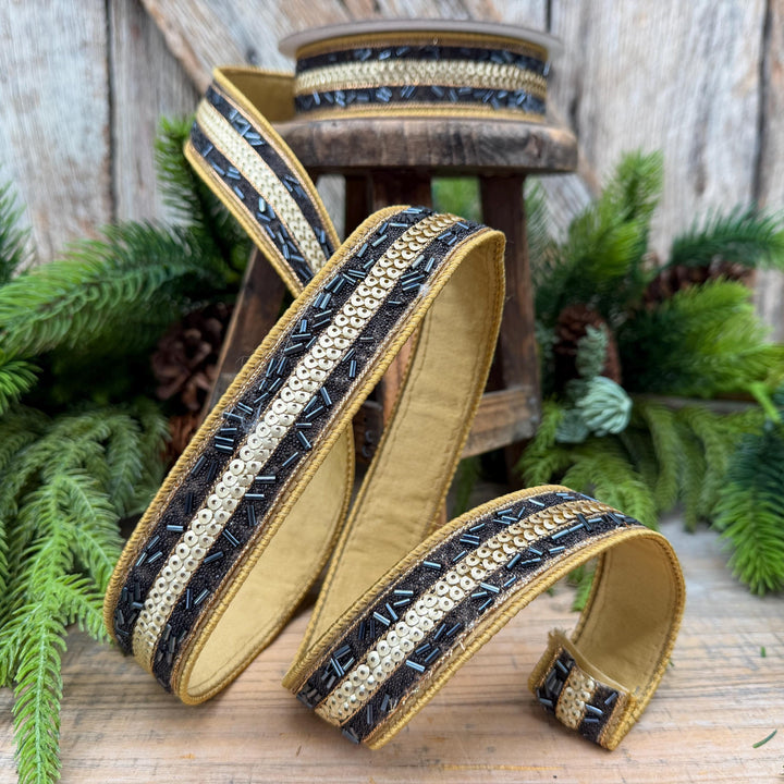 1.25" Luxor Black and Gold Beaded Sequin Ribbon by Farrisilk