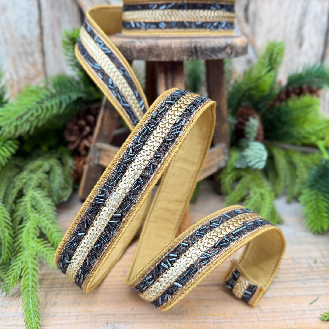 1.25" Luxor Black and Gold Beaded Sequin Ribbon by Farrisilk