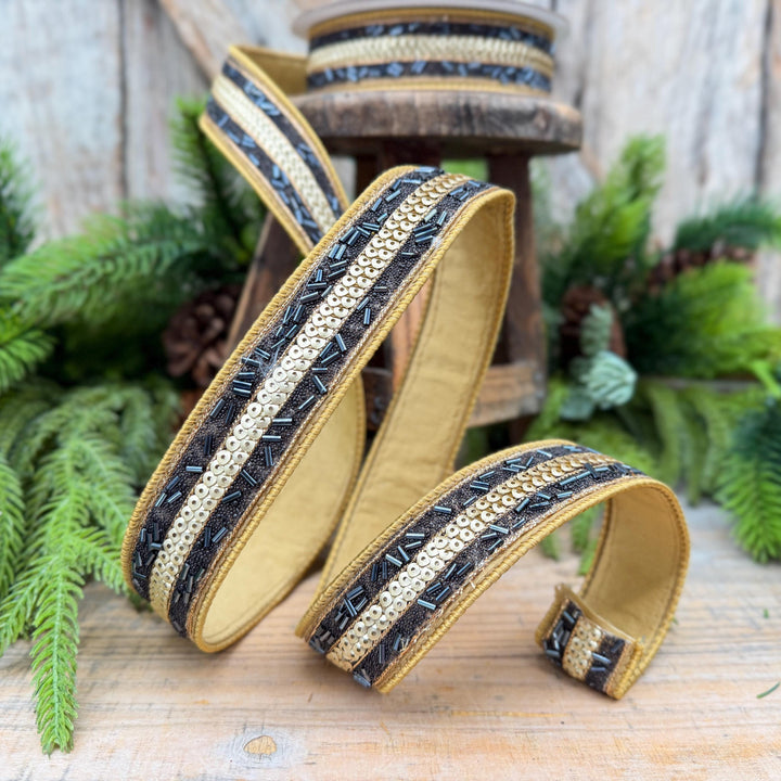 1.25" Luxor Black and Gold Beaded Sequin Ribbon by Farrisilk
