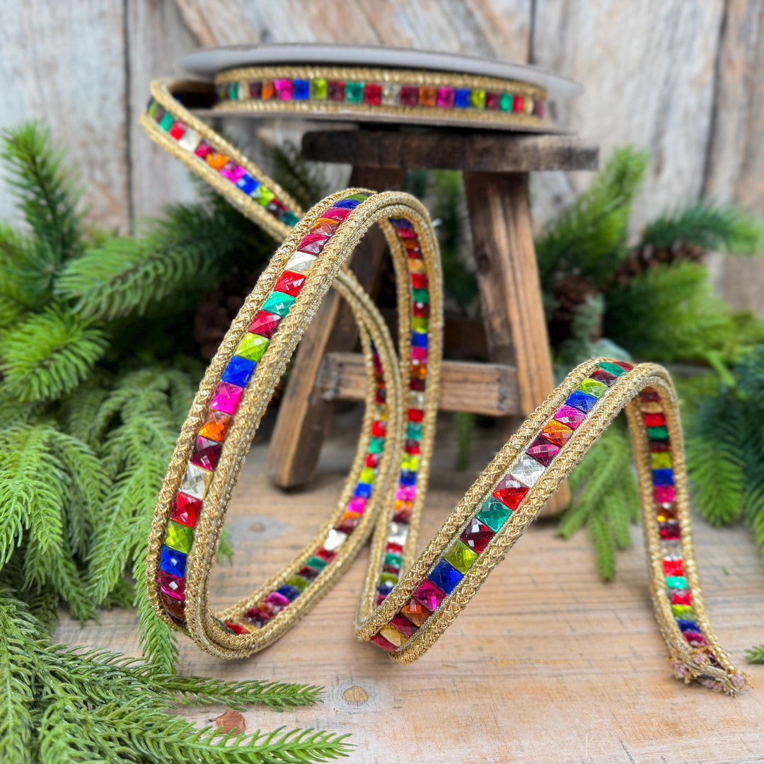 3/4" Gemstone Garland Multicolor Jeweled Ribbon by Farrisilk