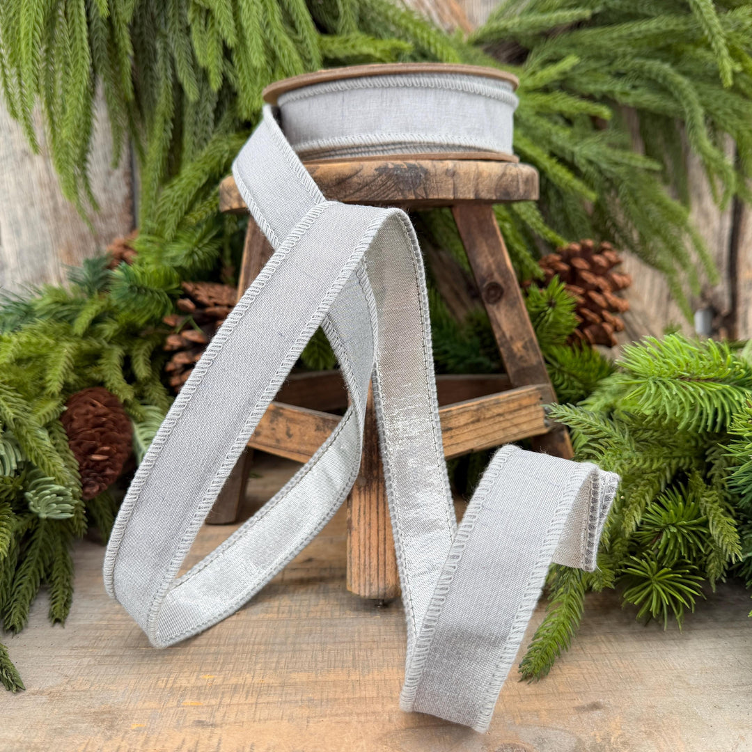 1" Silver Dupioni Wired Ribbon with Metallic Backing