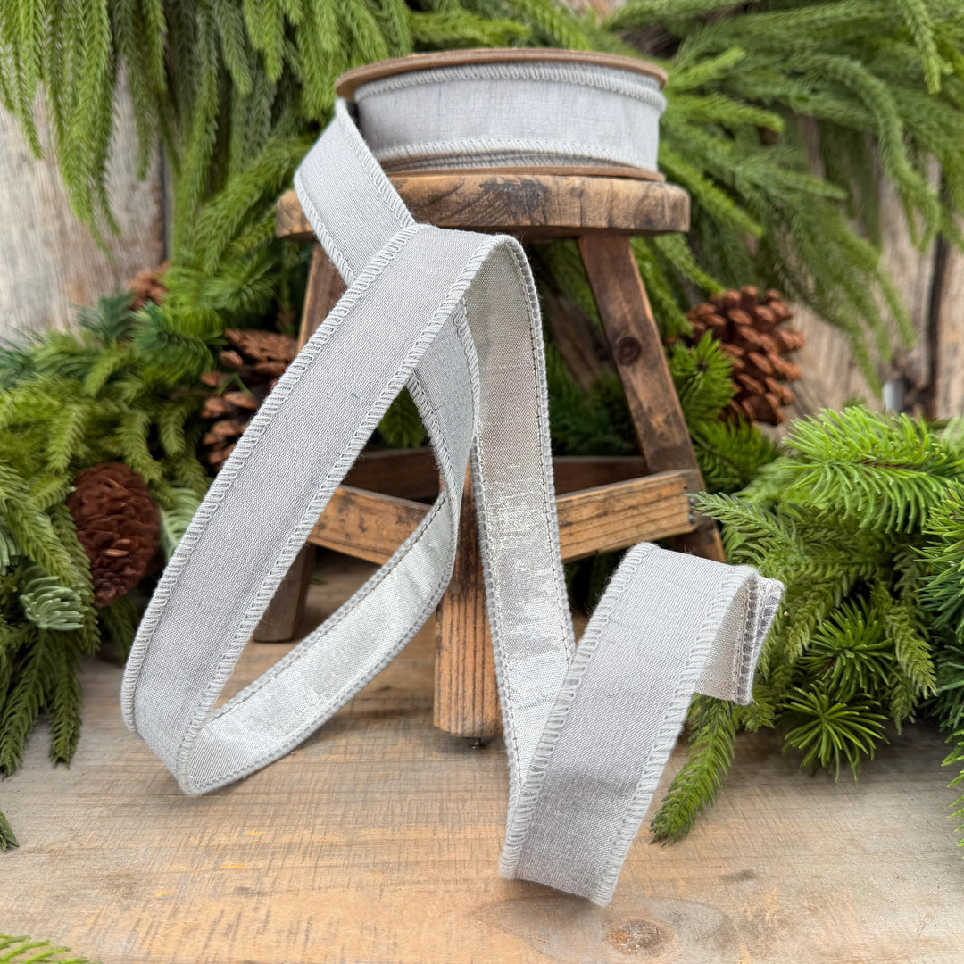 1" Silver Dupioni Wired Ribbon with Metallic Backing