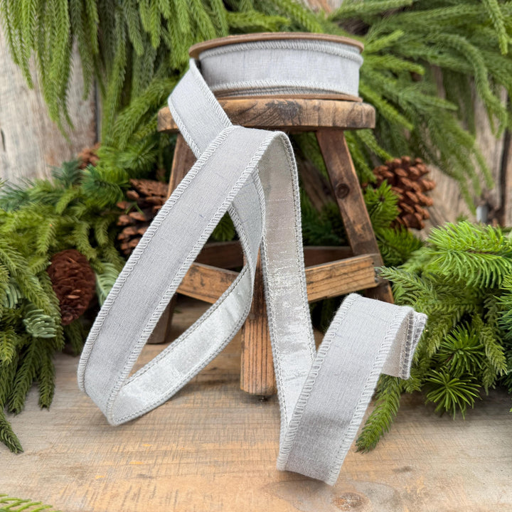 1" Silver Dupioni Wired Ribbon with Metallic Backing