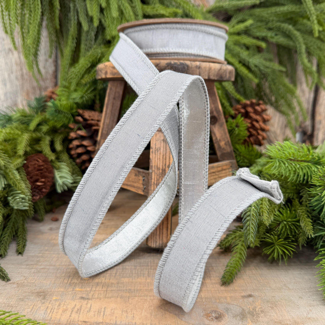 1" Silver Dupioni Wired Ribbon with Metallic Backing