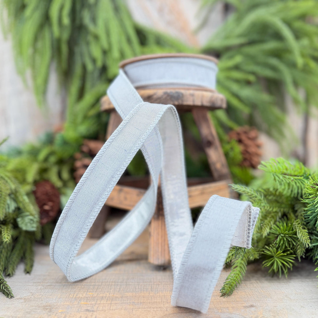 1" Silver Dupioni Wired Ribbon with Metallic Backing