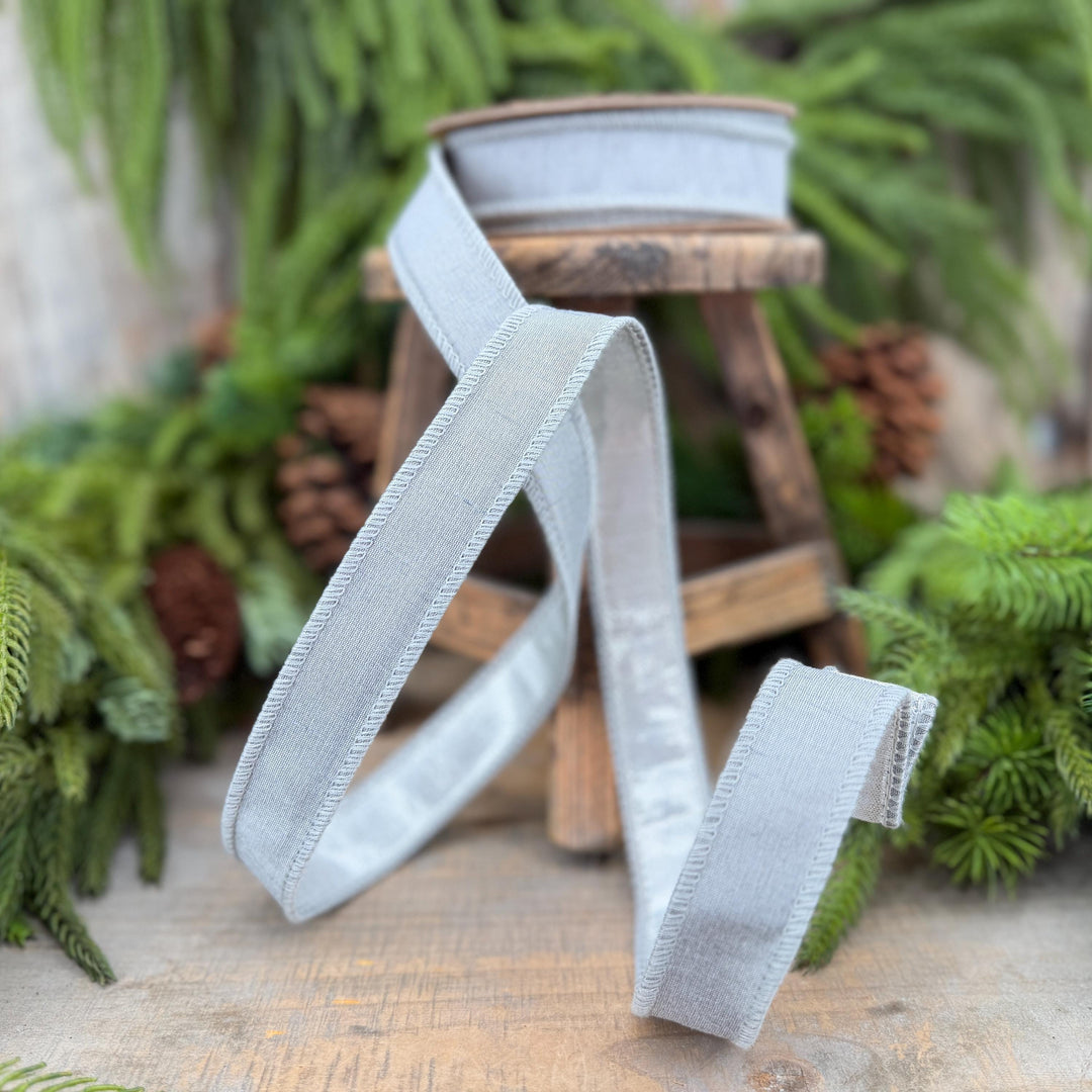 1" Silver Dupioni Wired Ribbon with Metallic Backing