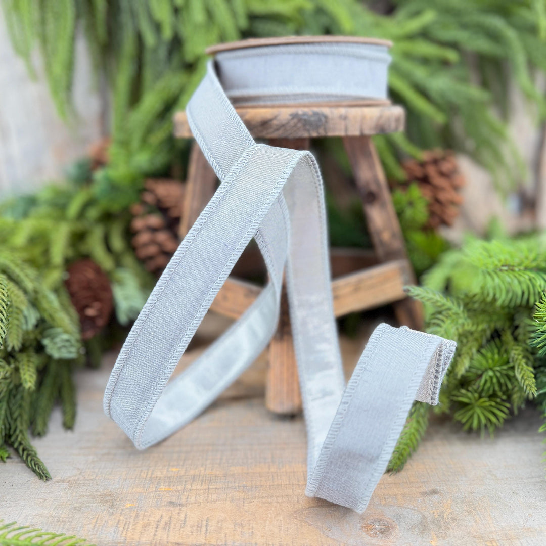 1" Silver Dupioni Wired Ribbon with Metallic Backing